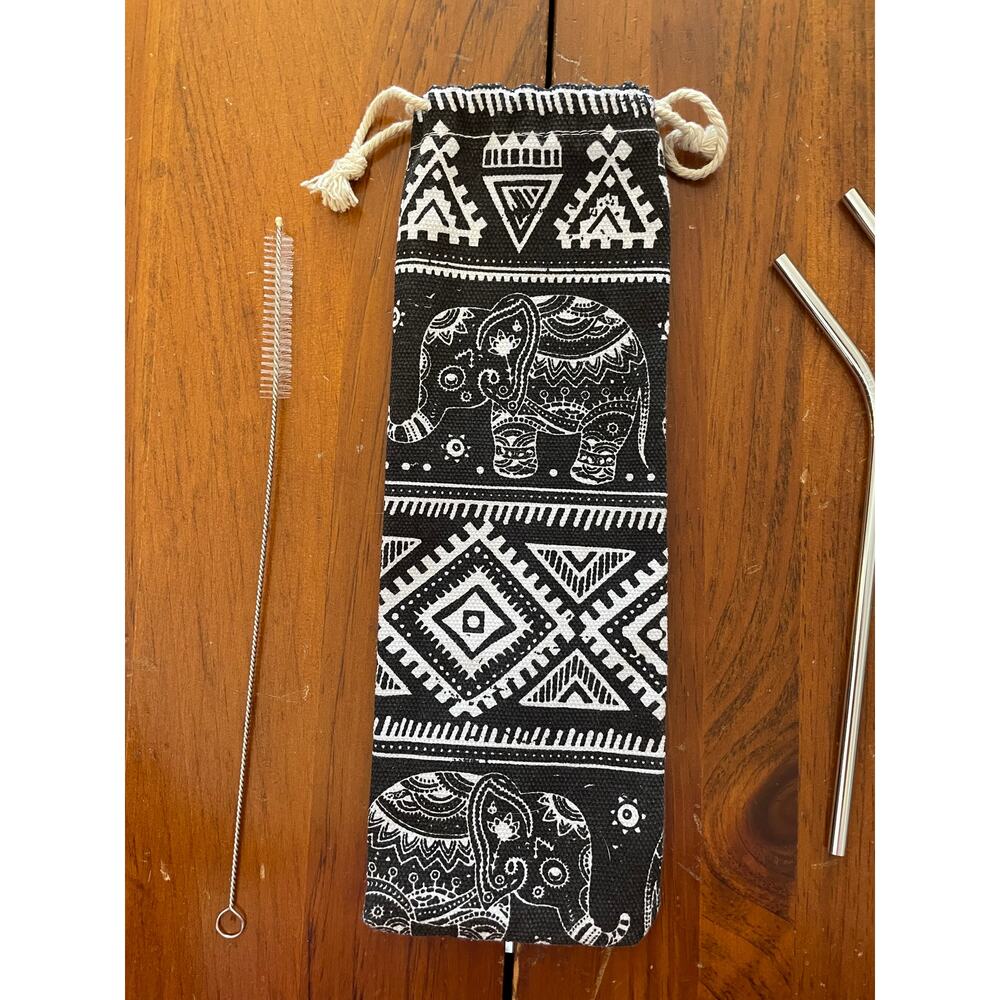 Stainless Steel Straw Set in Pouch Straw Cleaner 8 Straws Elephant Black White